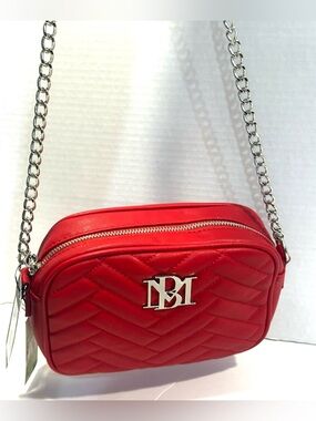 Badley Mishka Red Quilted Crossbody Camera Bag with Silver Chain